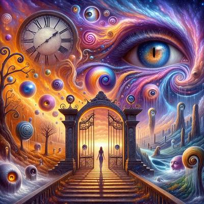 The primary subject of the image is a woman walking down a staircase. The setting is a surreal, artistic environment with a clock, a gate, and a clock tower. The visual style is a digital art or illustration, with a vibrant and colorful atmosphere. The colors and mood of the image are lively and imaginative, creating a sense of wonder and creativity.